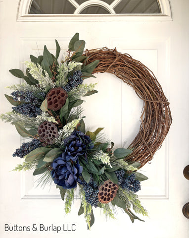 Christmas/winter wreath, navy florals & berries