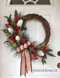 Christmas wreath, snowy pinecones