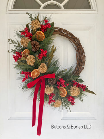 Christmas wreath, faux dried oranges & berries
