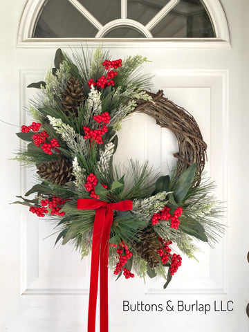 Christmas/Winter wreath, velvet red bow