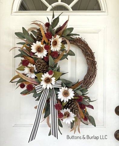 White sunflowers & pinecones fall wreath