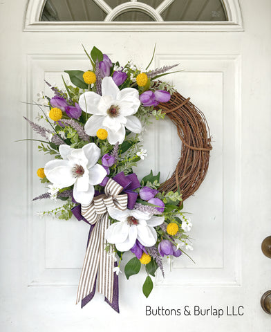 Magnolia & purple tulip wreath