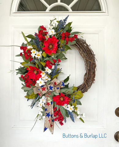 Patriotic wreath, red poppies, star bow