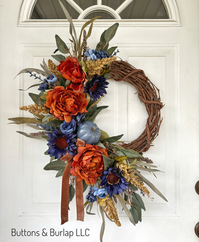 Navy sunflowers, orange peonies fall wreath