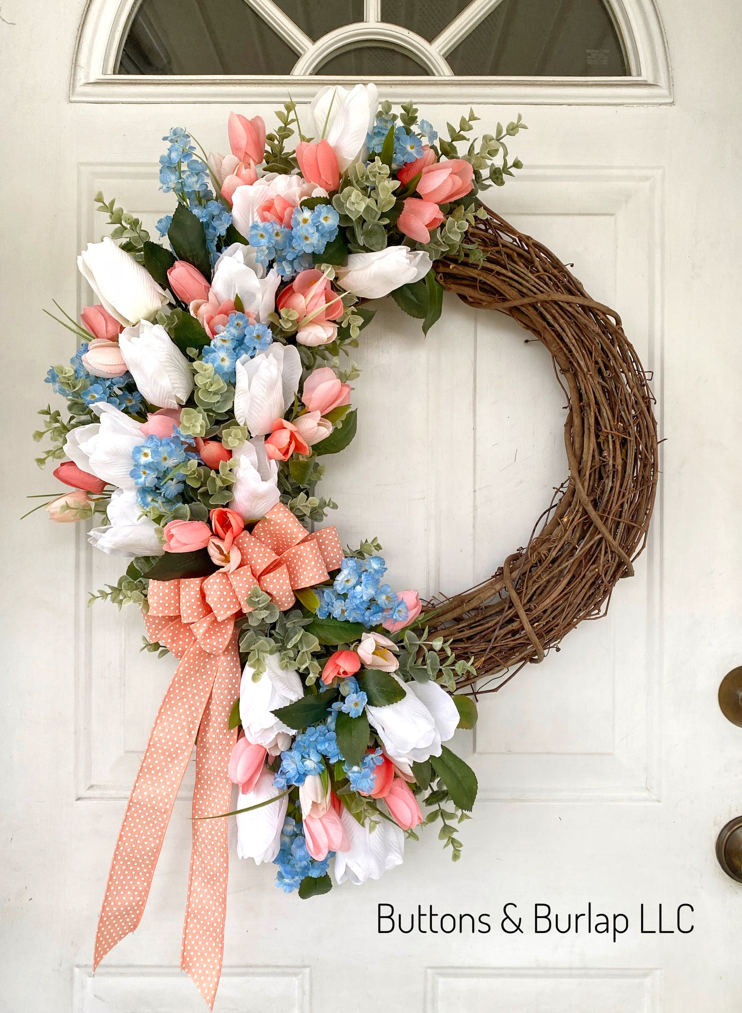 White and peachy/pink tulips Spring wreath