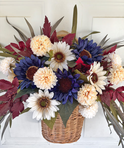 Fall basket wreath, sunflowers & mums