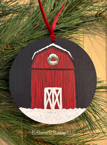 Red barn with snow wood ornament