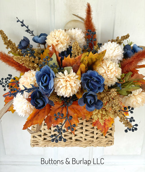 Navy florals & mums fall basket wreath