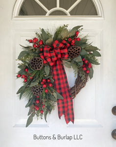 Christmas wreath, red berries & plaid bow