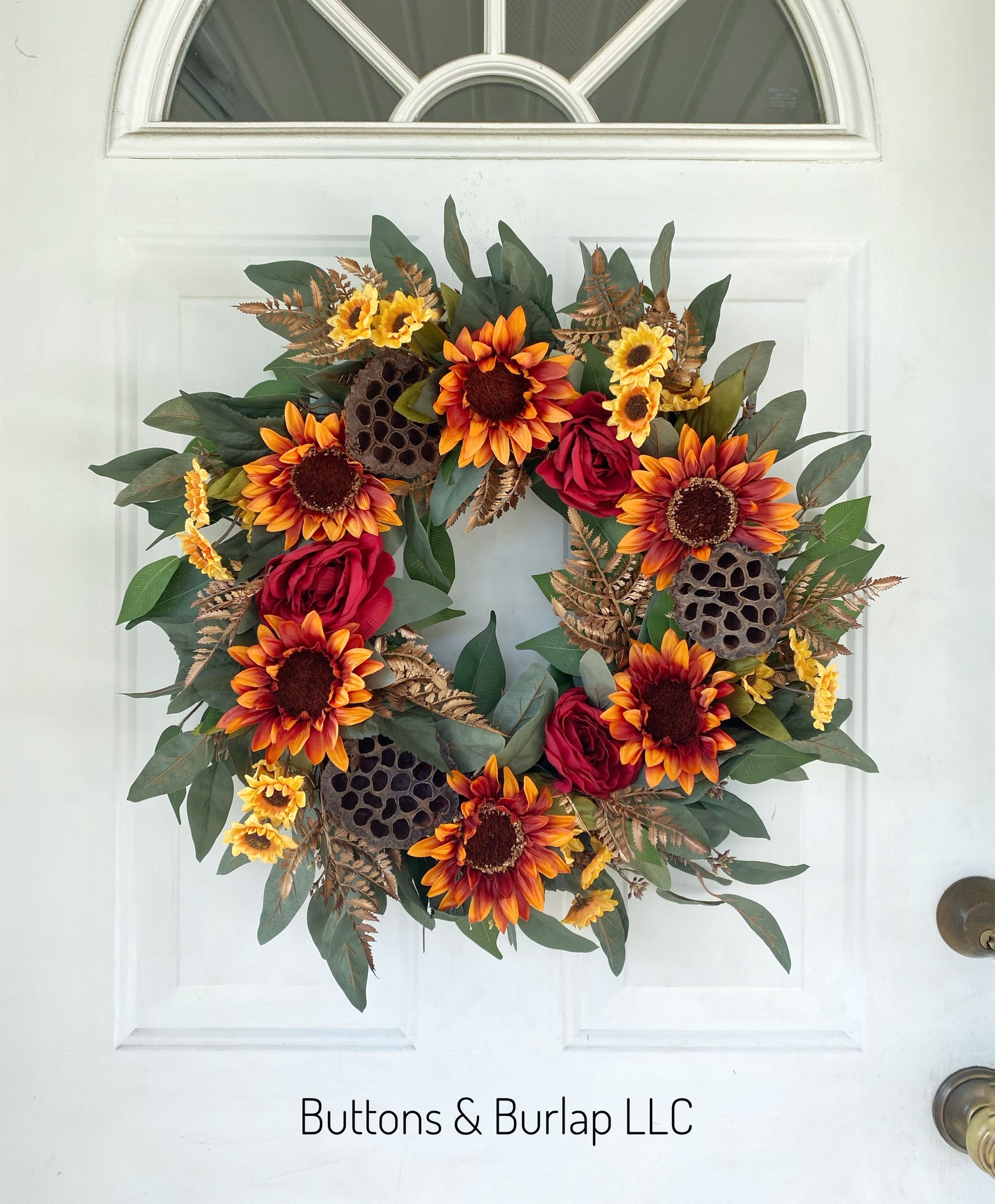 Sunflowers, lotus pods & eucalyptus fall wreath