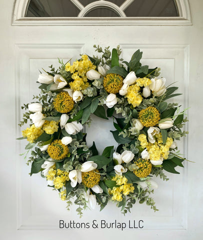 Tulip and yellow wildflower Spring wreath