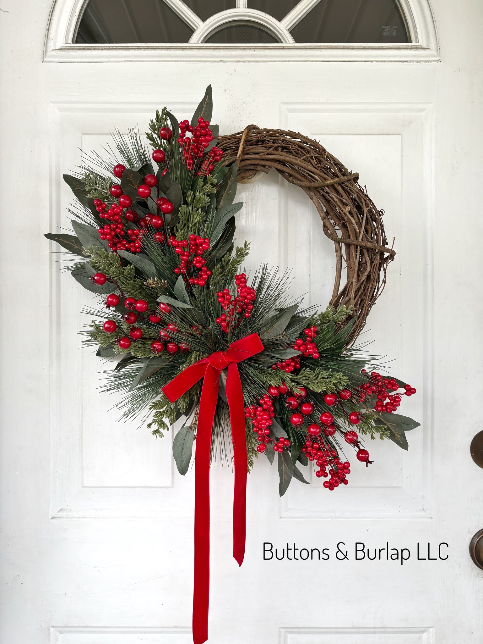Christmas wreath, red berries & velvet bow