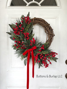 Christmas wreath, red berries & velvet bow