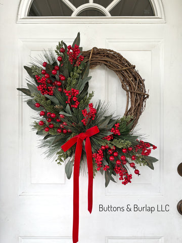 Christmas wreath, red berries & velvet bow