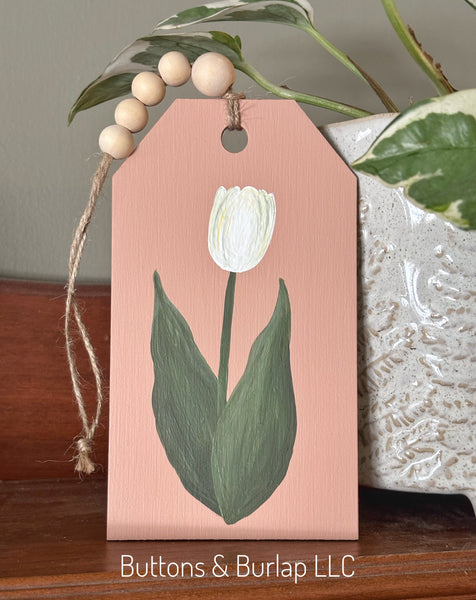 Spring white tulip wood tag
