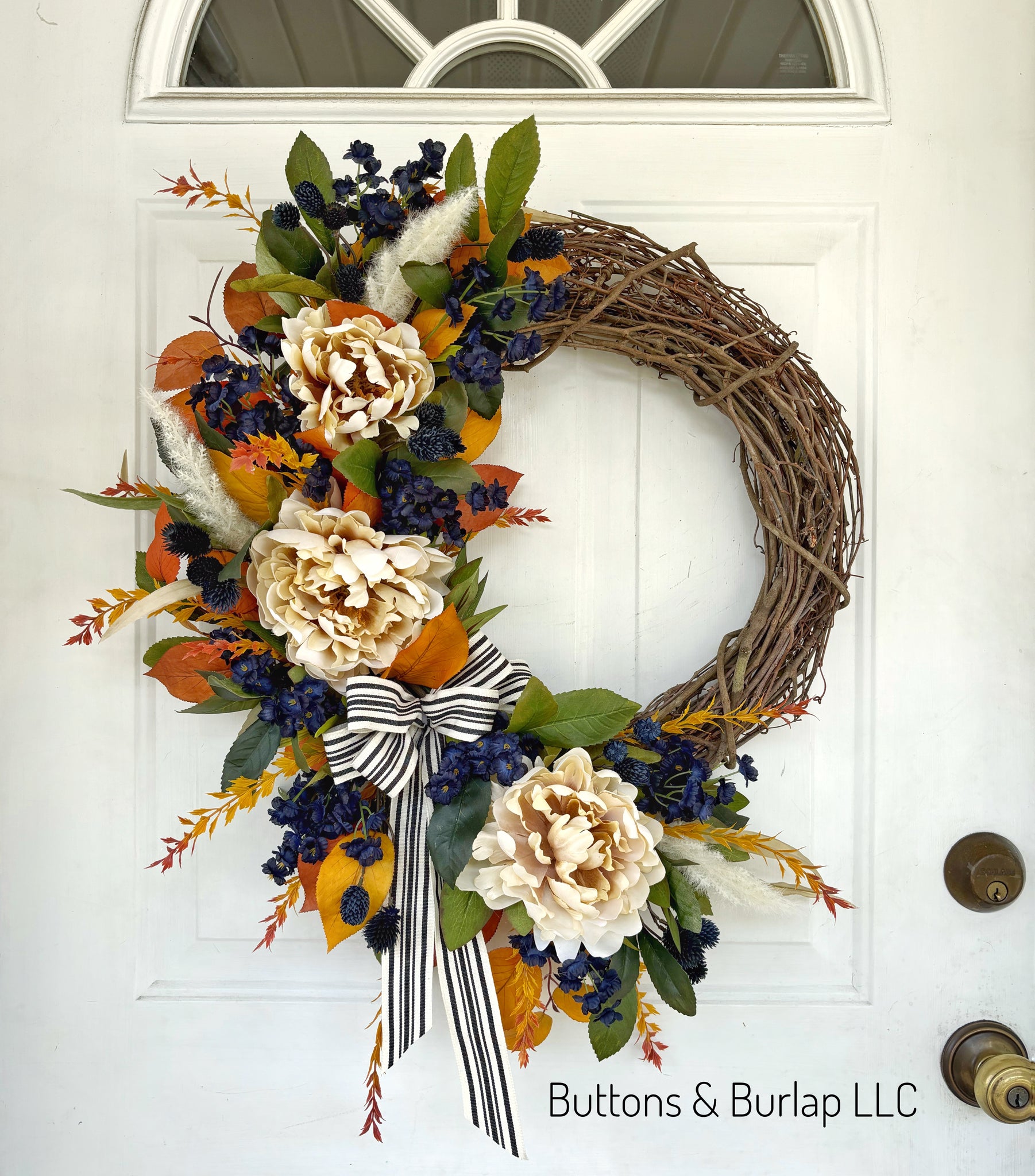 Peonies and navy florals fall wreath