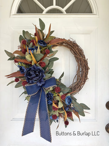 Eucalyptus & navy peonies fall wreath