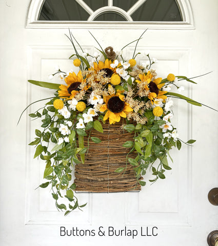 Sunflower & white wildflower basket wreath