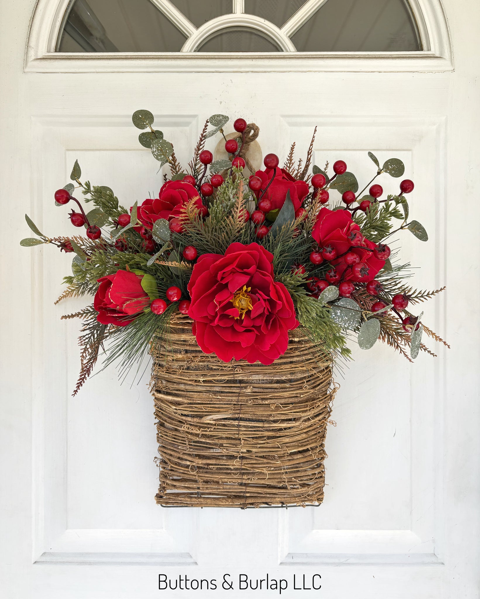 Christmas basket wreath, red florals