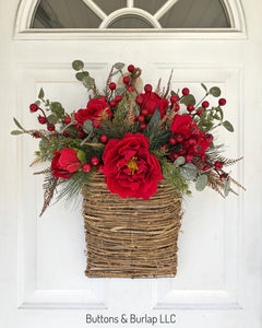 Christmas basket wreath, red florals