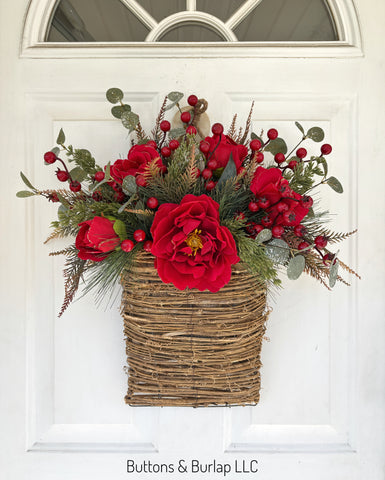 Christmas basket wreath, red florals