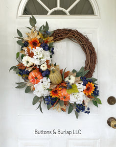 Pumpkin and hydrangea fall wreath