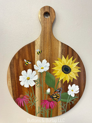 Summer flowers, butterfly & bees hanging wood board