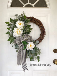 Peony & eucalyptus wreath, striped bow