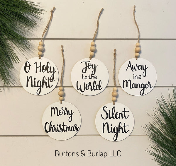 Christmas song ornaments with wood bead hanger