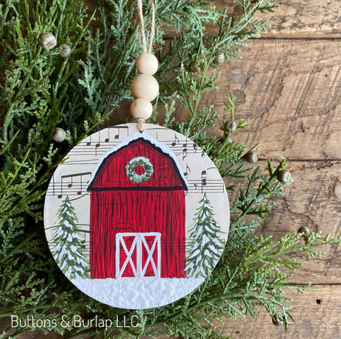 Red barn with snow beaded wood ornament