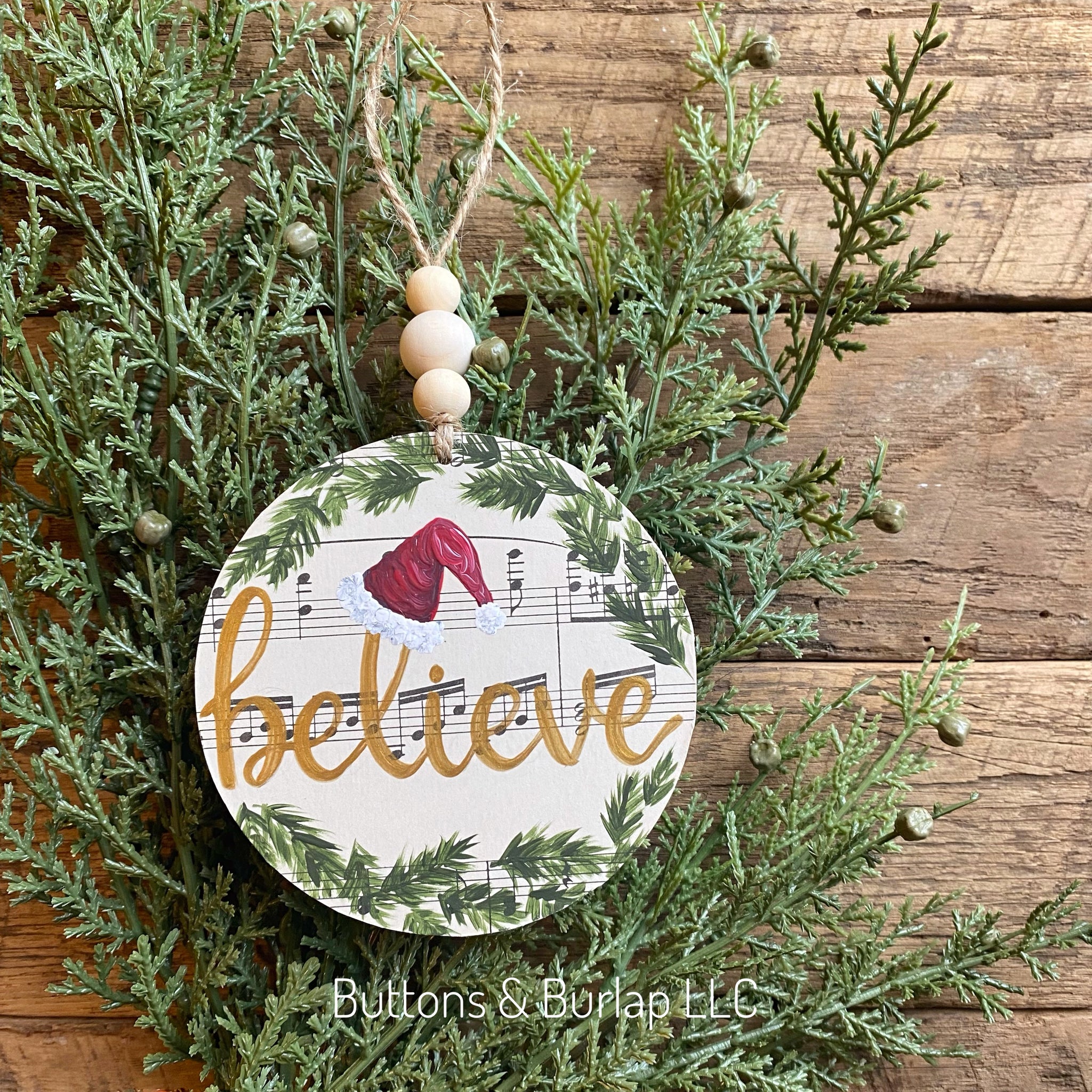 Believe with Santa hat, beaded wood ornament