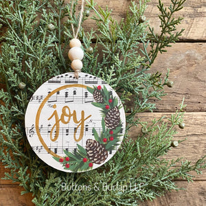 Christmas pinecones beaded wood ornament, choice of word