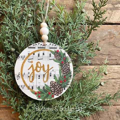 Christmas pinecones beaded wood ornament, choice of word