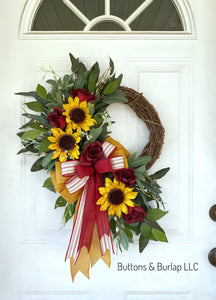 Sunflower deep red rose wreath