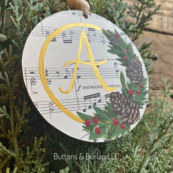 Personalized monogram beaded wood ornament