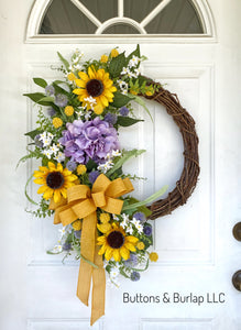Purple hydrangea & sunflower Summer wreath