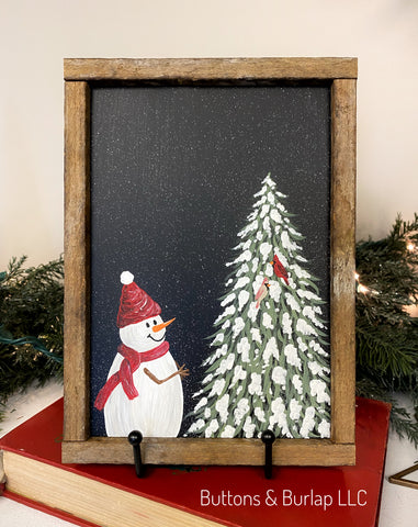 Snowman & snowy tree, cardinals