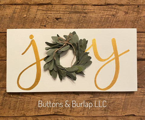 Joy with mini wreath (choice of gold or red)