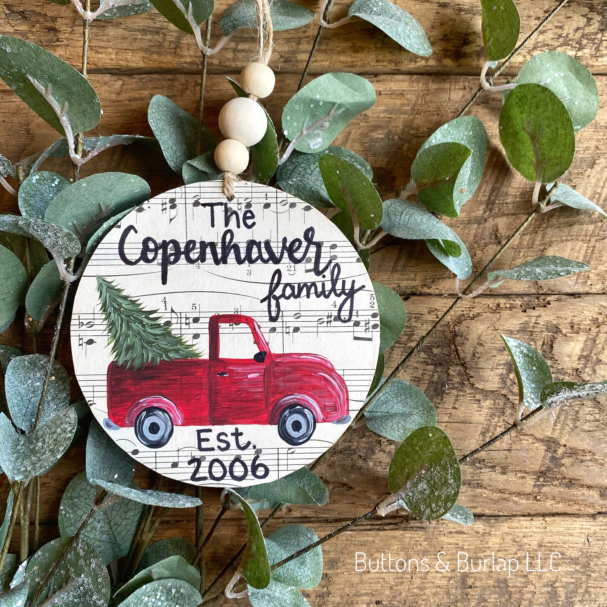 Red truck beaded wood ornament (personalized)