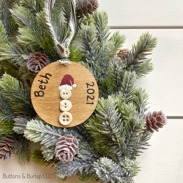 Christmas ornament, button snowman (personalized)