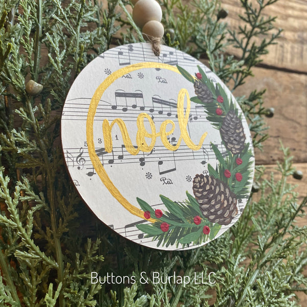 Christmas pinecones beaded wood ornament, choice of word