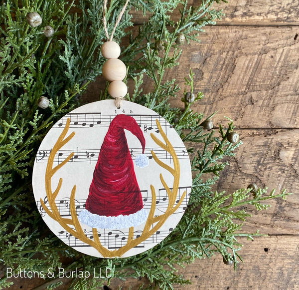 Antlers with Santa hat beaded wood ornament