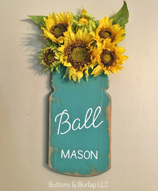 Mason jar sign with sunflowers