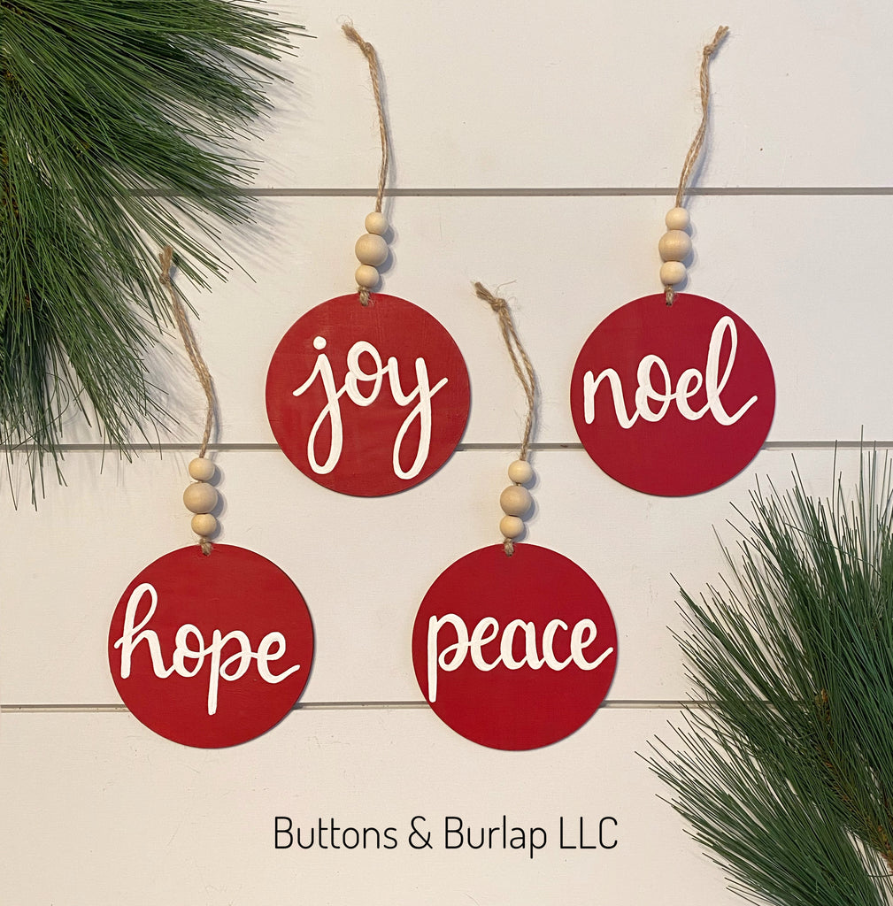 Red Christmas ornaments with wood bead hanger – Buttons & Burlap LLC