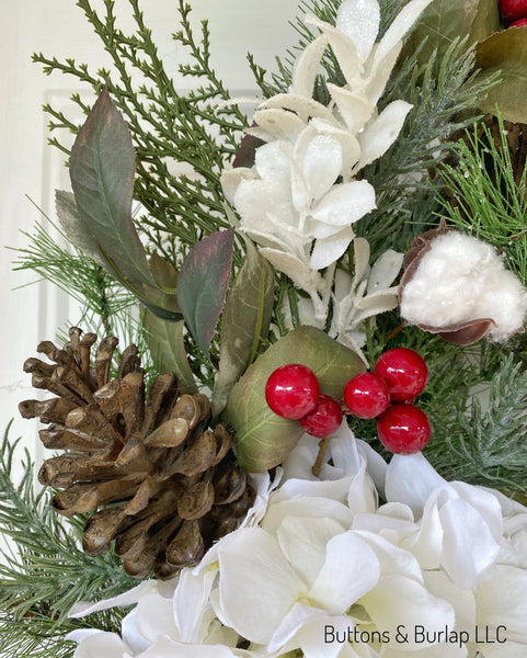 Christmas wreath, hydrangea & red plaid bow