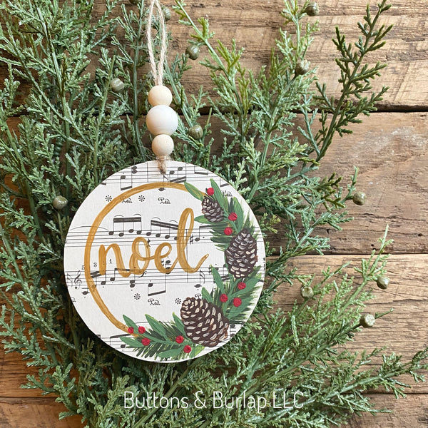 Christmas pinecones beaded wood ornament, choice of word