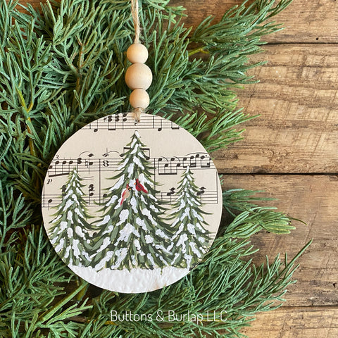 Snowy trees with cardinals beaded wood ornament