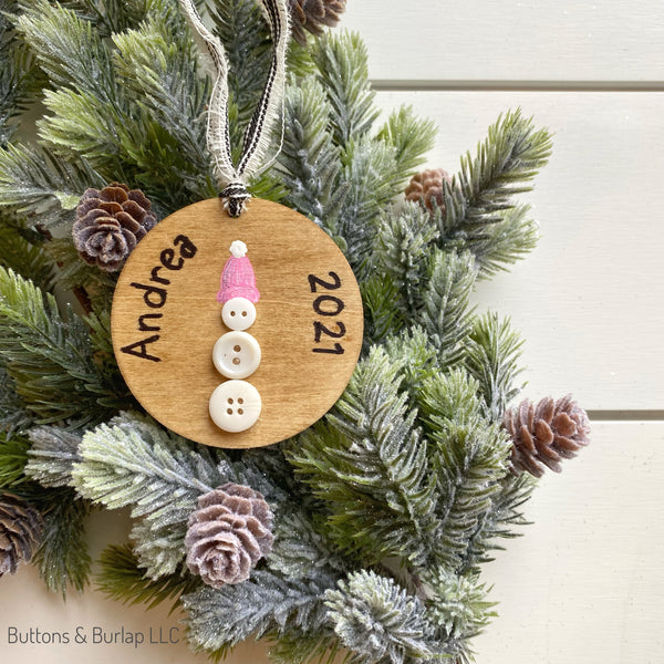 Christmas ornament, button snowman (personalized)